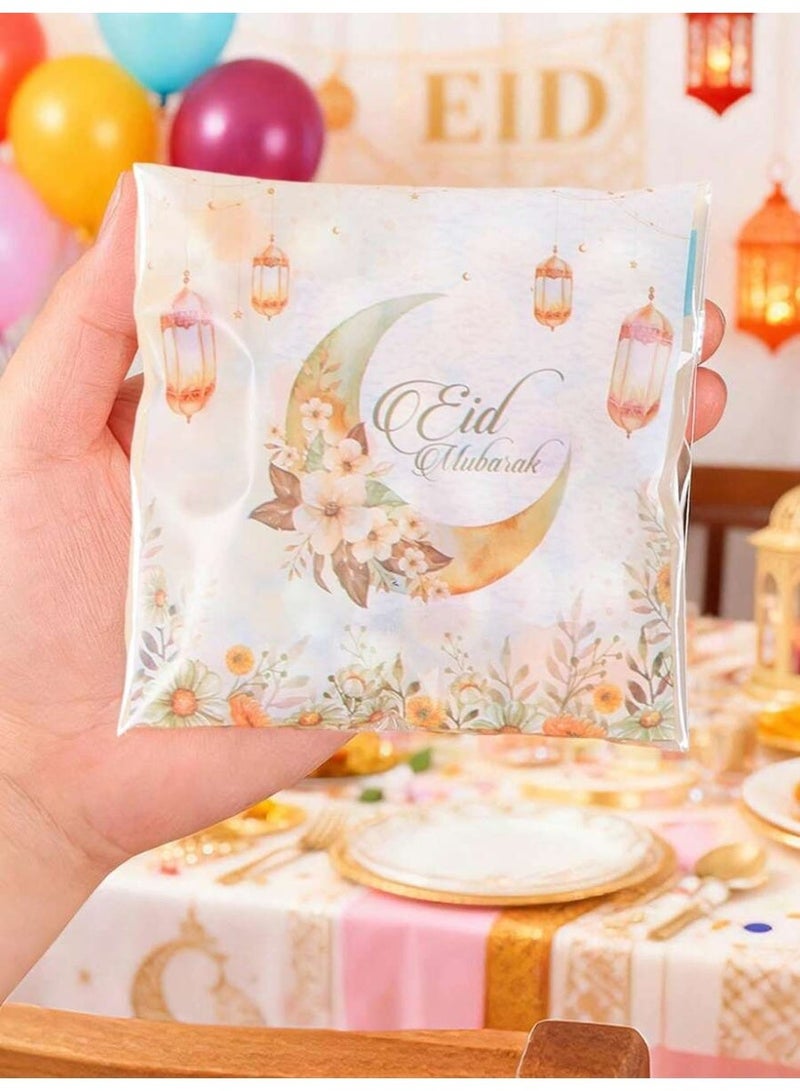 توزيعات العيد أكياس هدايا شفافة مزينة بتصميم هلال وفوانيس عيد مبارك أنيقة لتغليف الحلوى والهدايا-50 قطعة - Image 1